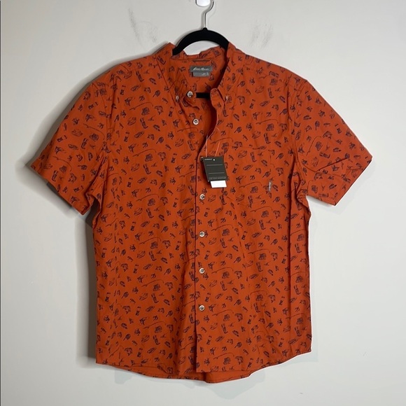 Eddie Bauer | Men's Orange Fishing Print Button Down Shirt Size Large NWT - Picture 1 of 6